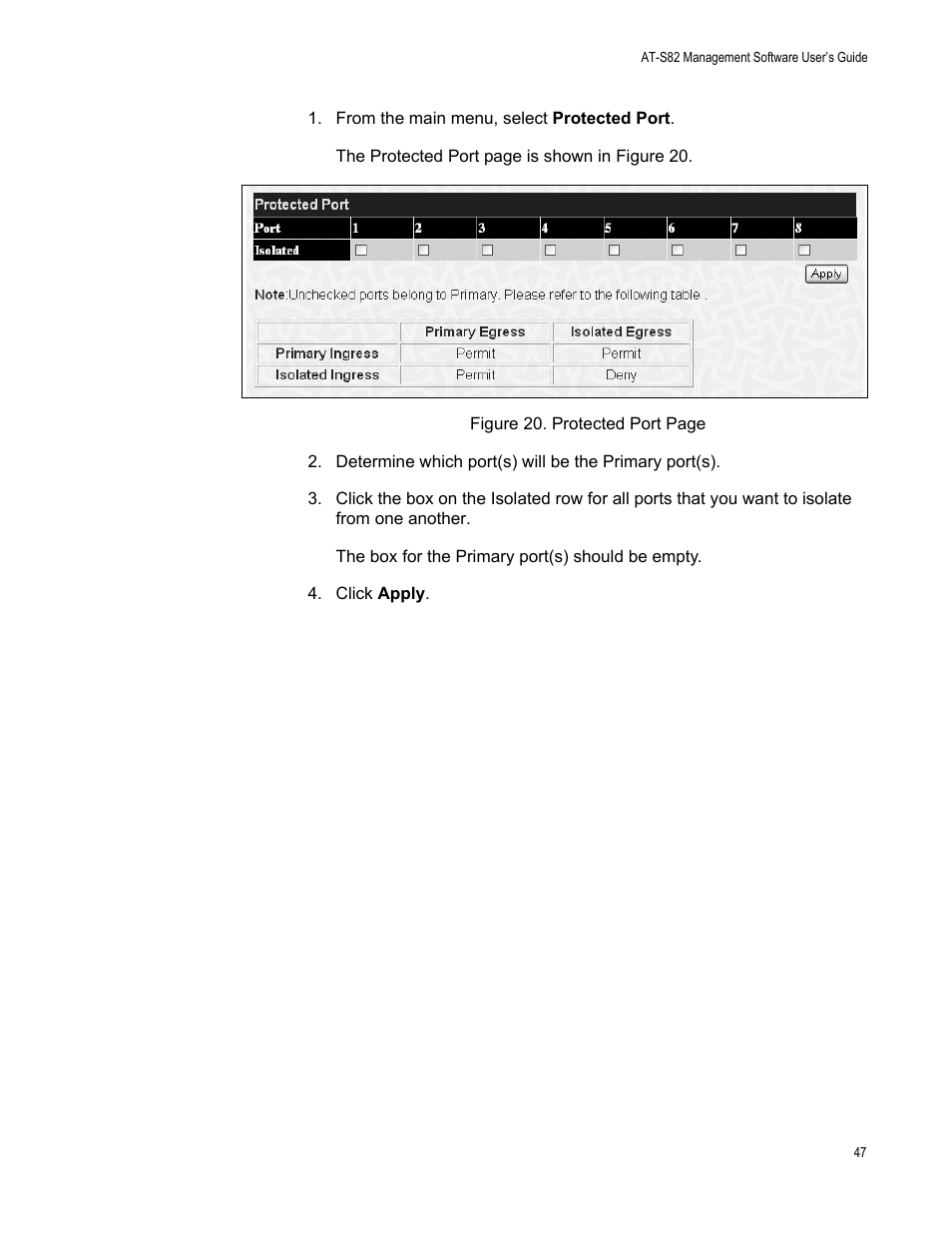 From the main menu, select protected port | Allied Telesis AT-S82 User Manual | Page 47 / 72