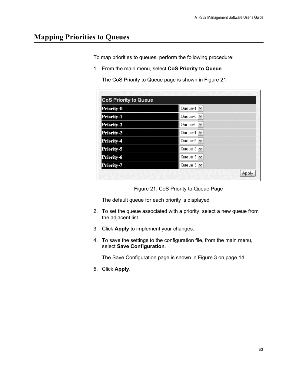 Mapping priorities to queues, From the main menu, select cos priority to queue | Allied Telesis AT-S82 User Manual | Page 53 / 72