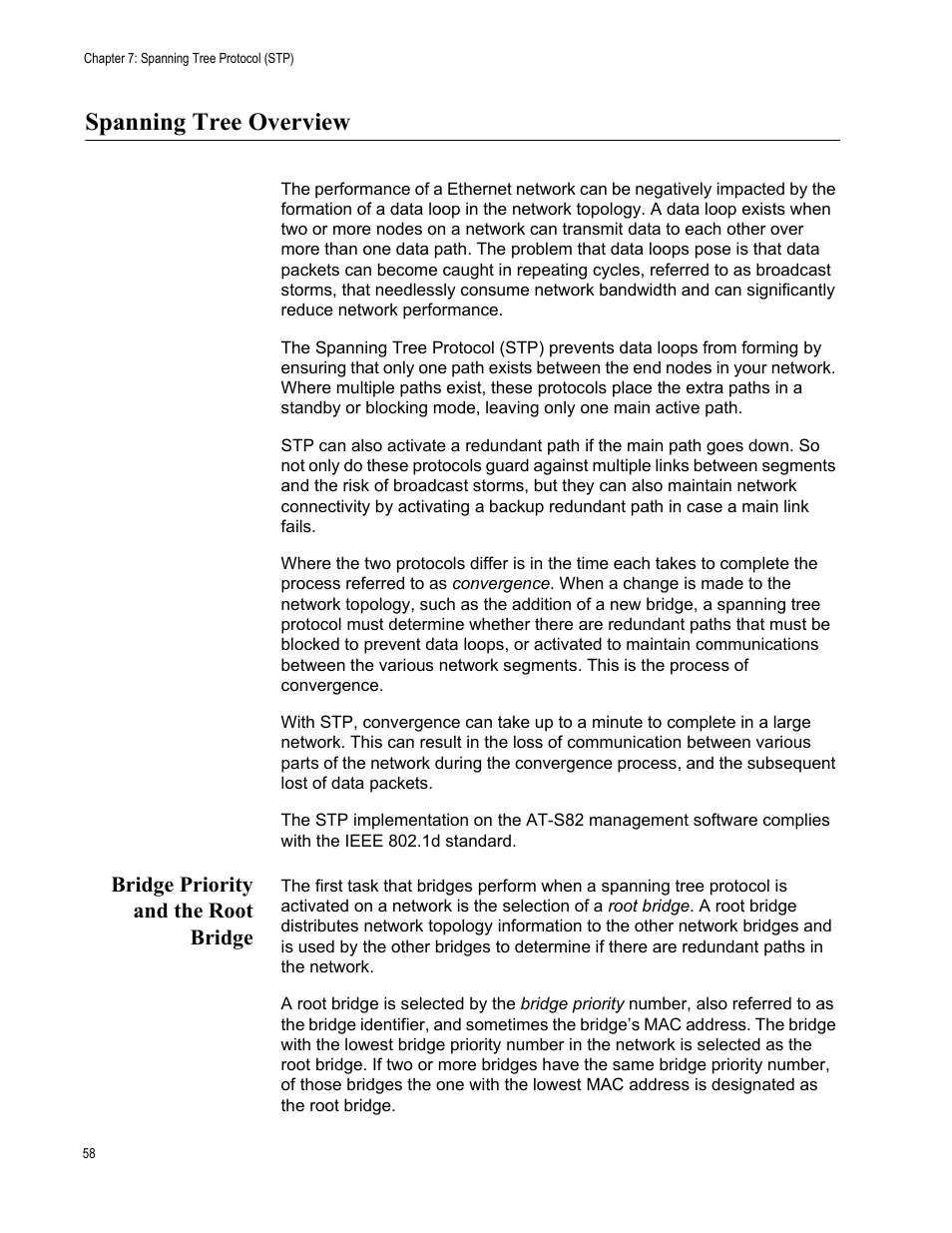 Spanning tree overview, Bridge priority and the root bridge | Allied Telesis AT-S82 User Manual | Page 58 / 72