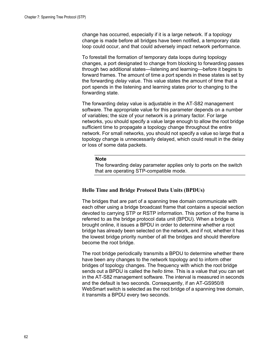 Hello time and bridge protocol data units (bpdus) | Allied Telesis AT-S82 User Manual | Page 62 / 72