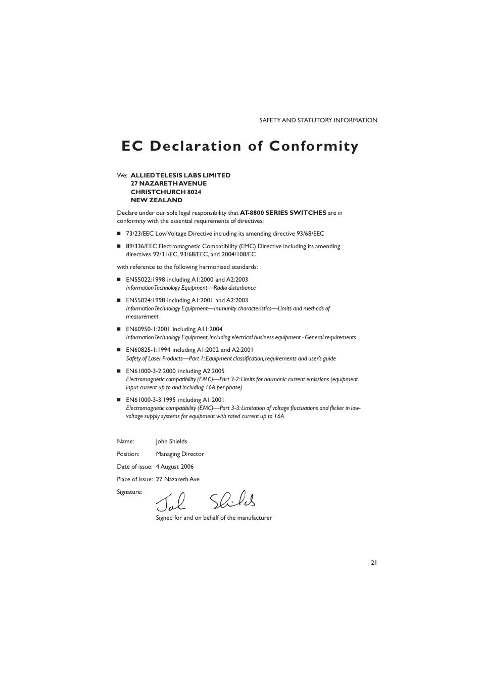 Ec declaration of conformity | Allied Telesis AT-8800 SERIES User Manual | Page 21 / 22