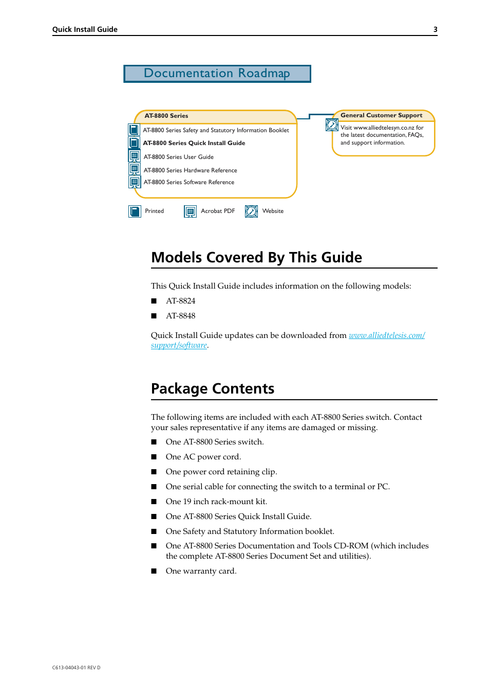 Models covered by this guide, Package contents, Documentation roadmap | Allied Telesis AT-8800 Series Switch User Manual | Page 3 / 8