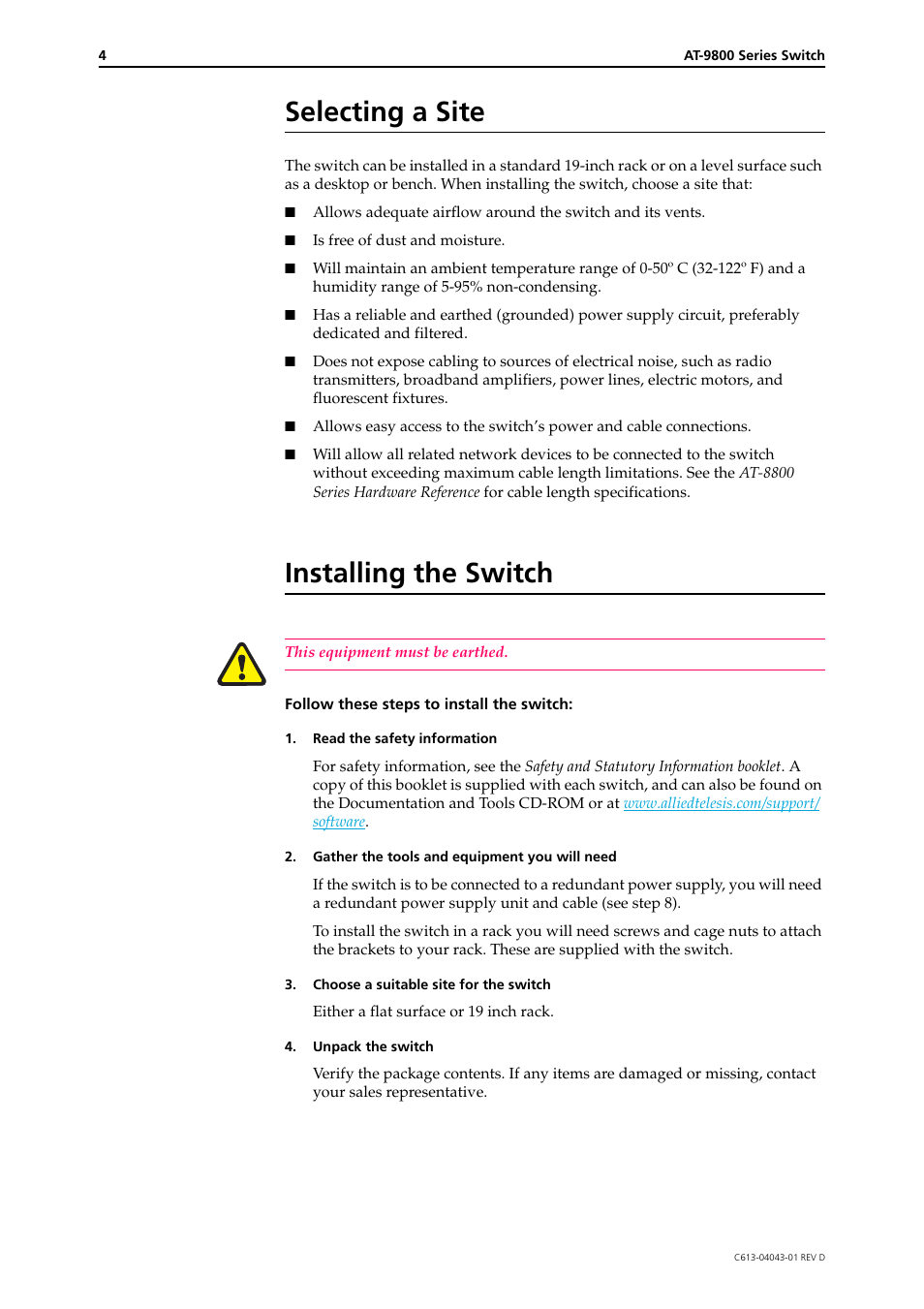 Selecting a site, Installing the switch | Allied Telesis AT-8800 Series Switch User Manual | Page 4 / 8