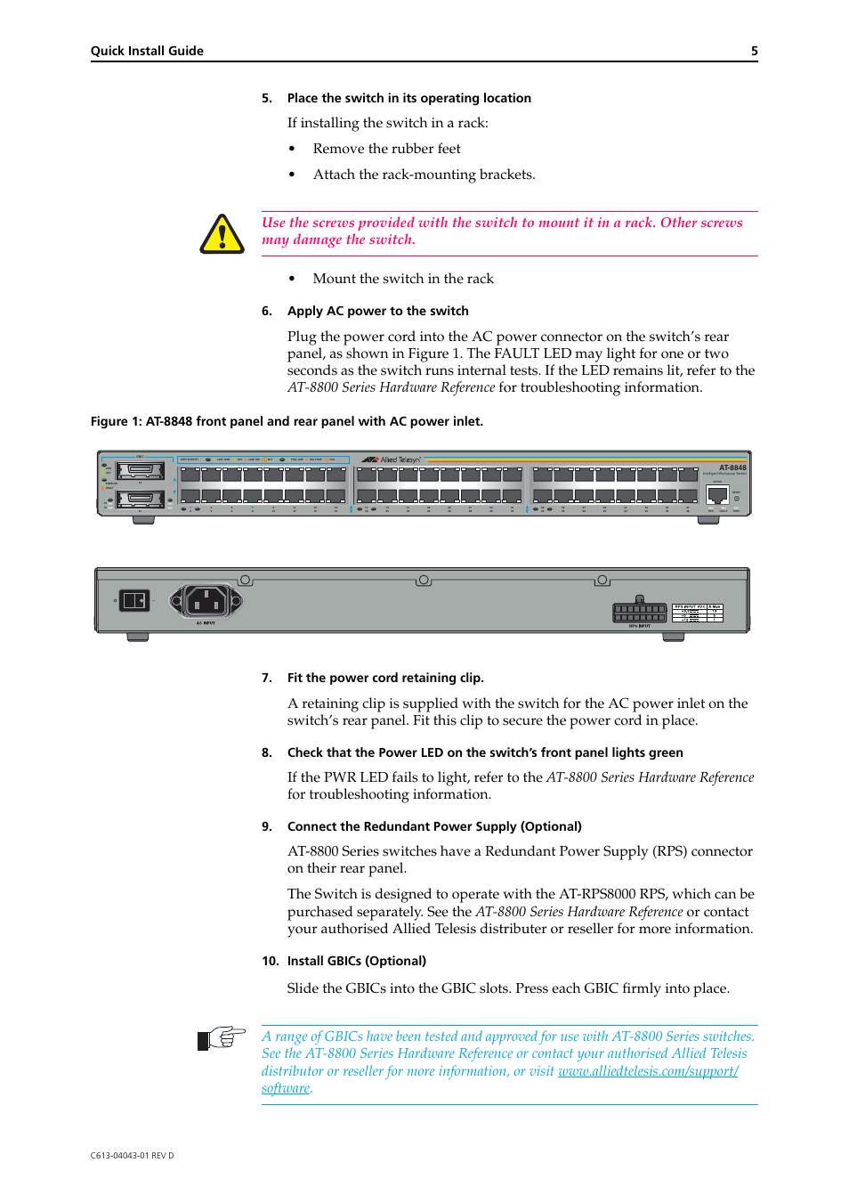 Quick install guide 5, Place the switch in its operating location, Apply ac power to the switch | Connect the redundant power supply (optional), Install gbics (optional) | Allied Telesis AT-8800 Series Switch User Manual | Page 5 / 8
