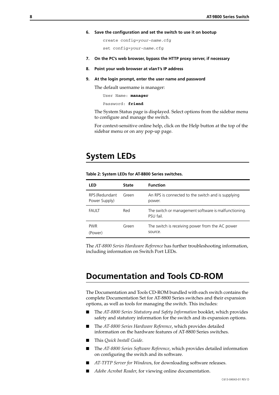 System leds, Documentation and tools cd-rom | Allied Telesis AT-8800 Series Switch User Manual | Page 8 / 8