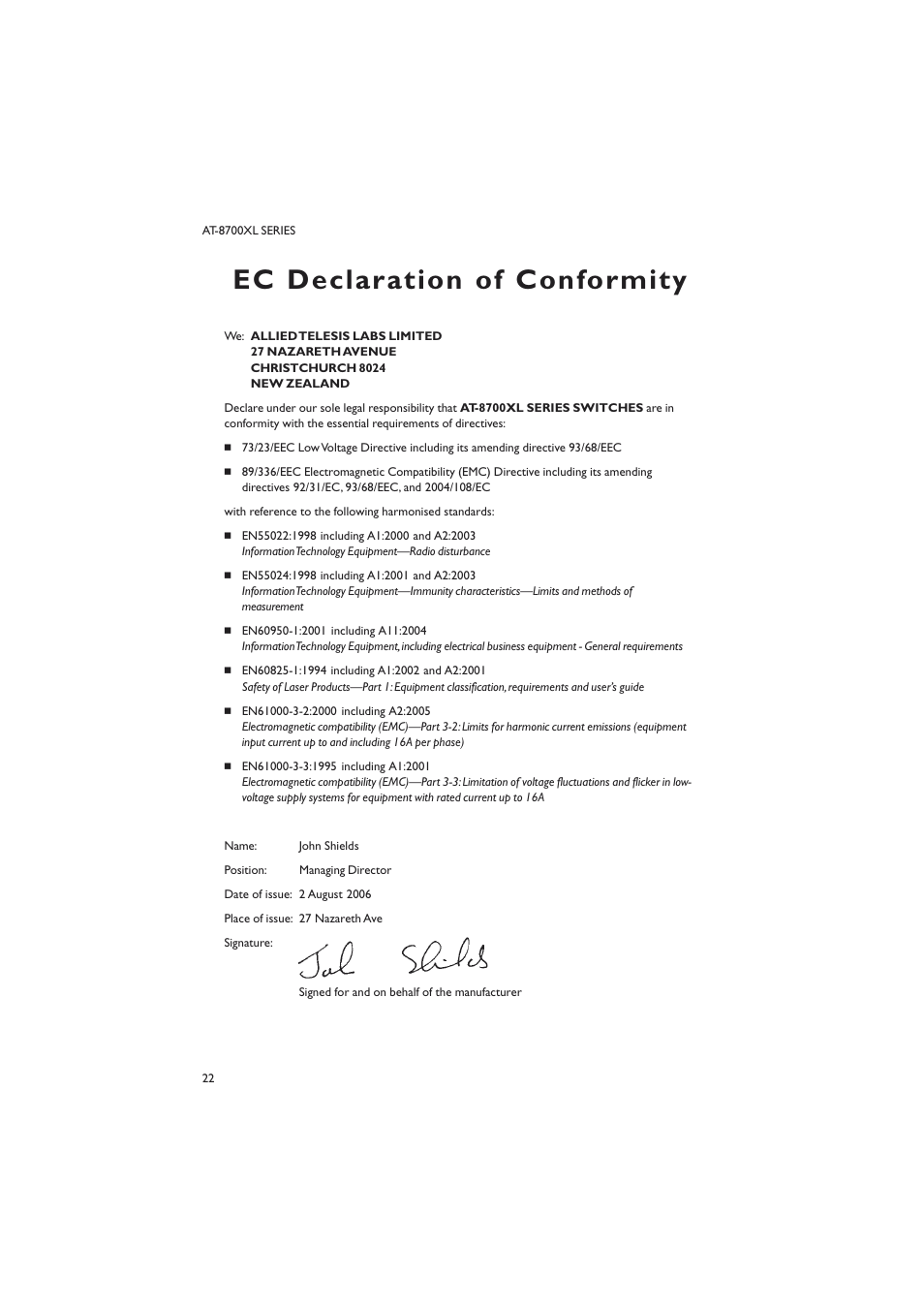 Ec declaration of conformity | Allied Telesis AT-8700XL SERIES User Manual | Page 22 / 23