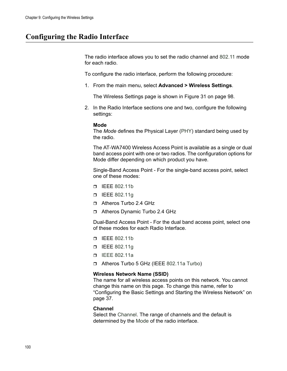 Configuring the radio interface | Allied Telesis AT-WA7400/NA User Manual | Page 100 / 362