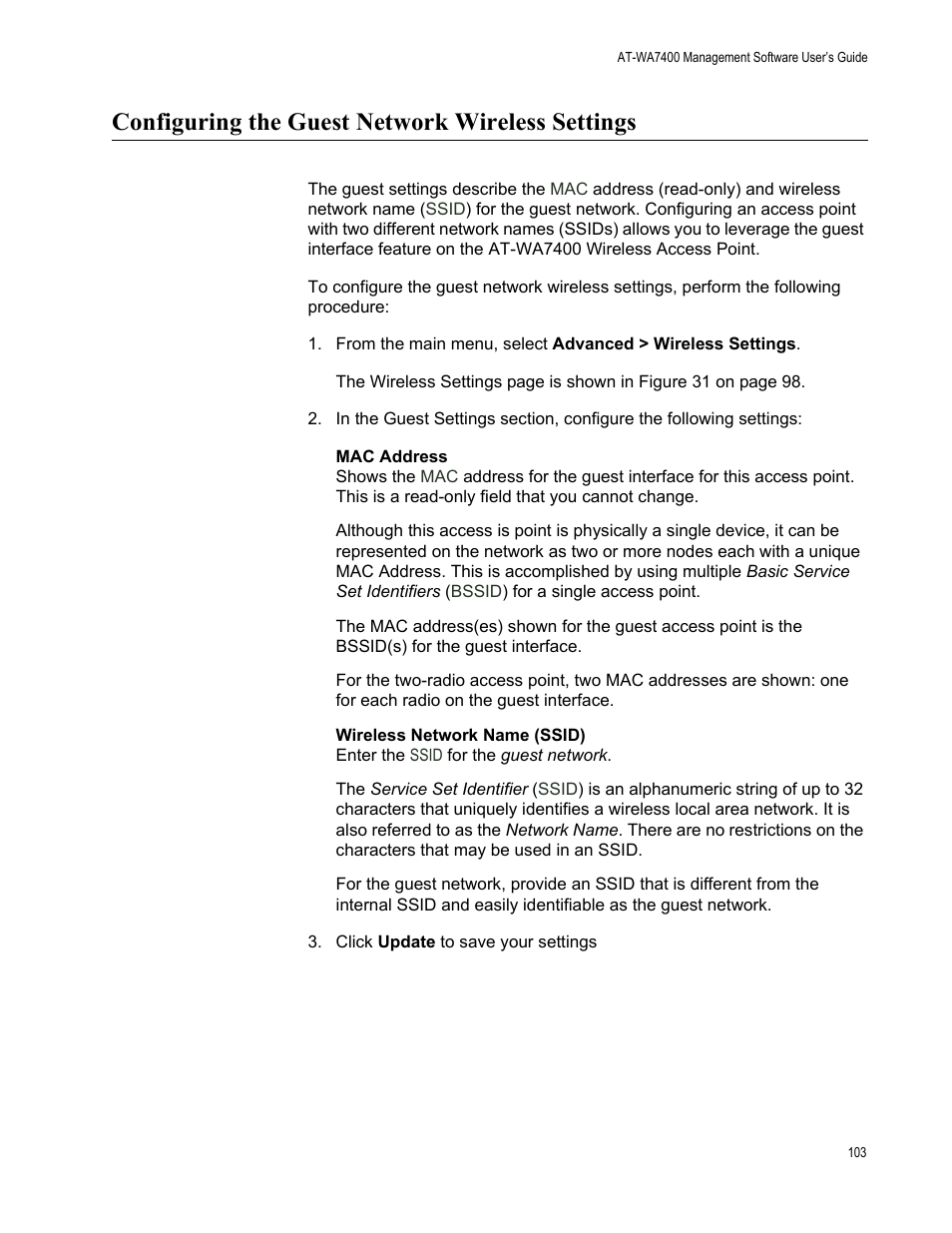 Configuring the guest network wireless settings | Allied Telesis AT-WA7400/NA User Manual | Page 103 / 362