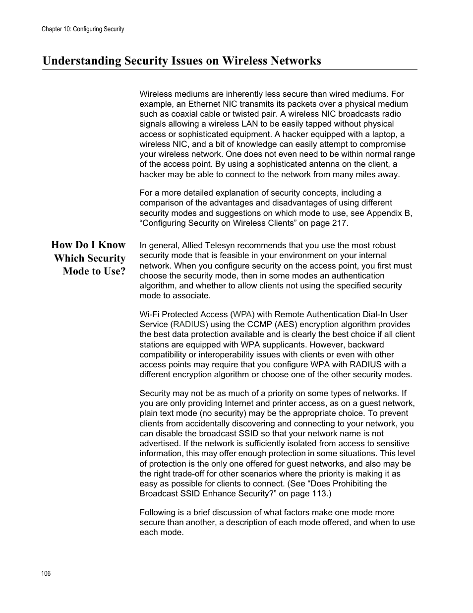 Understanding security issues on wireless networks, How do i know which security mode to use | Allied Telesis AT-WA7400/NA User Manual | Page 106 / 362