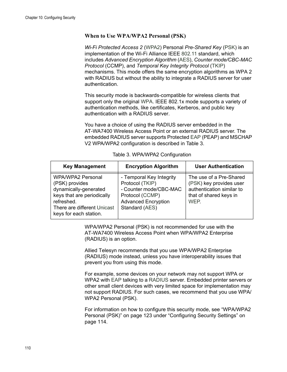 When to use wpa/wpa2 personal (psk) | Allied Telesis AT-WA7400/NA User Manual | Page 110 / 362