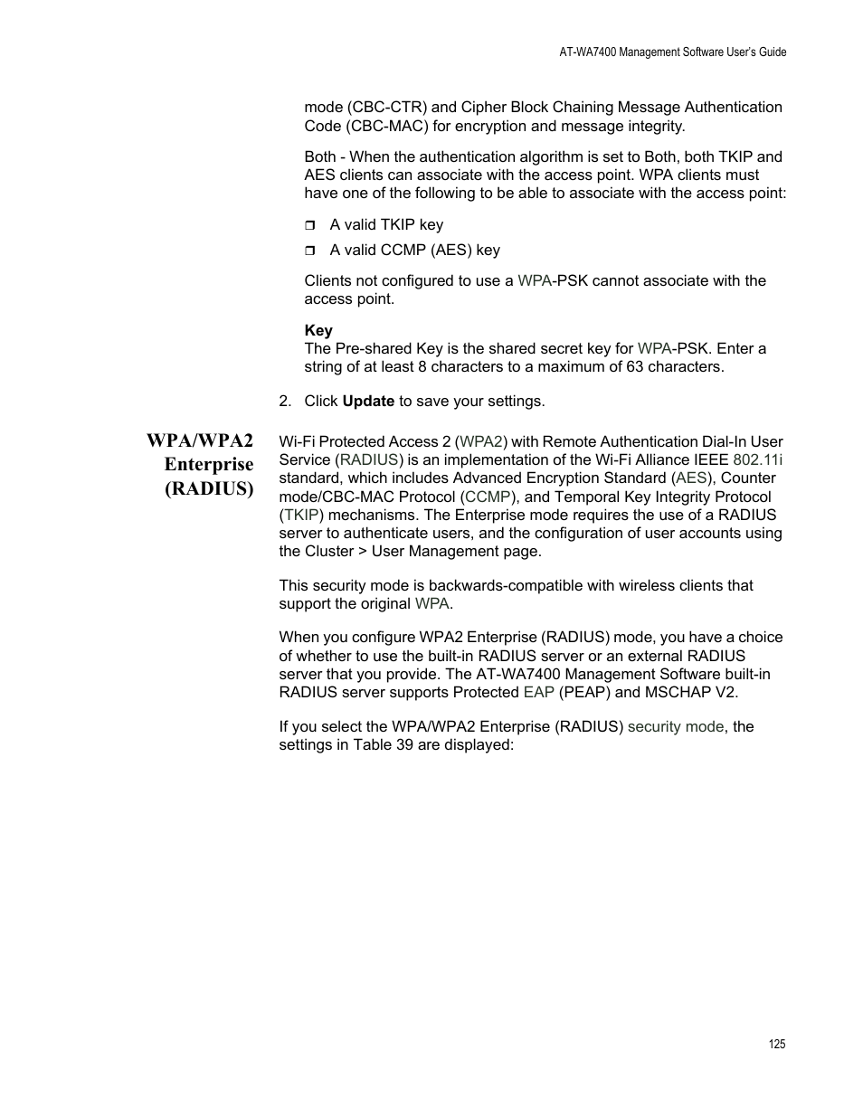 Wpa/wpa2 enterprise (radius) | Allied Telesis AT-WA7400/NA User Manual | Page 125 / 362