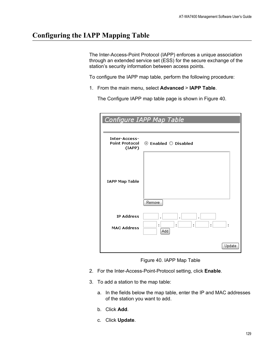 Configuring the iapp mapping table | Allied Telesis AT-WA7400/NA User Manual | Page 129 / 362