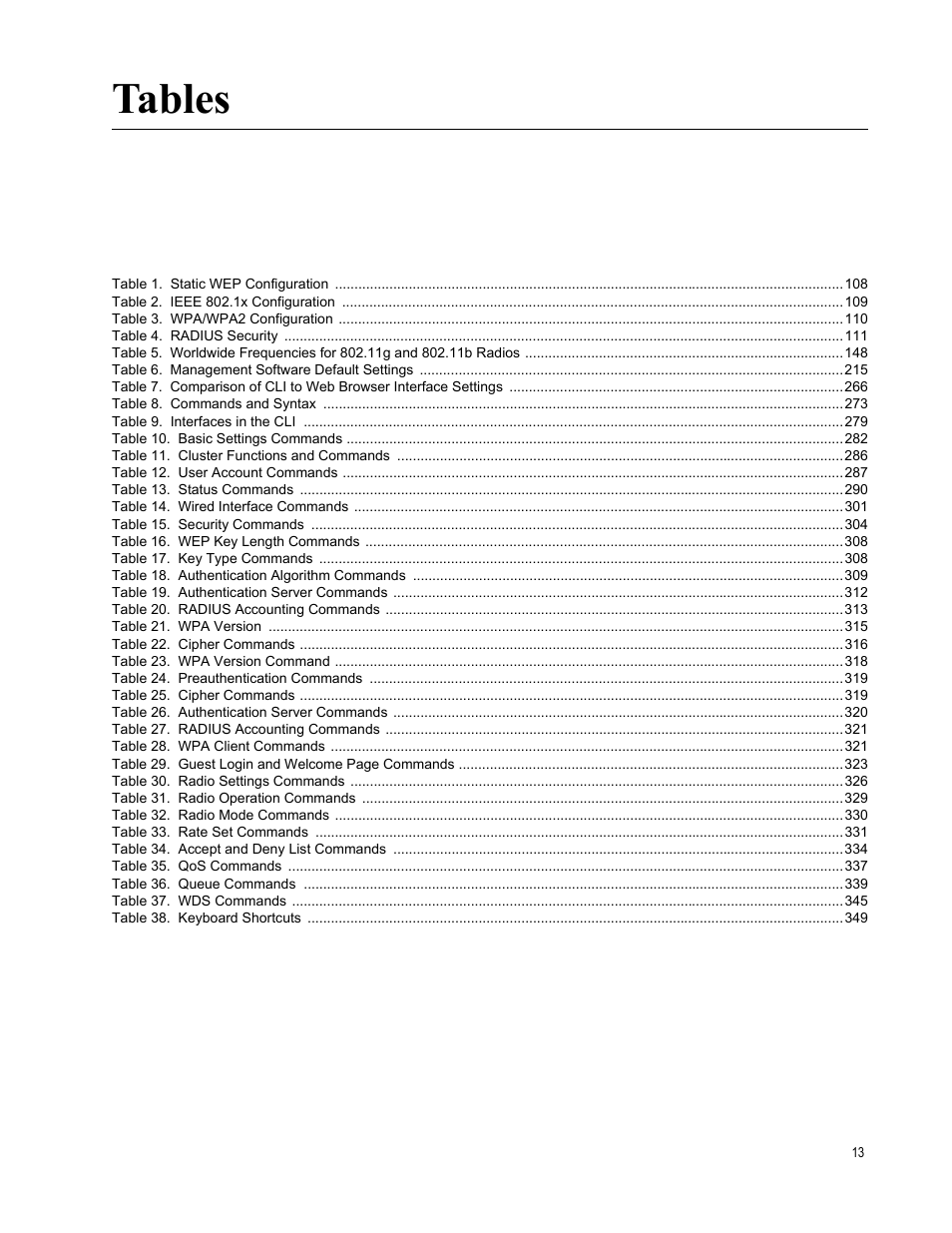 Table 1. static wep configuration 108, Table 2. ieee 802.1x configuration 109, Table 3. wpa/wpa2 configuration 110 | Table 4. radius security 111, Table 6. management software default settings 215, Table 8. commands and syntax 273, Table 9. interfaces in the cli 279, Table 10. basic settings commands 282, Table 11. cluster functions and commands 286, Table 12. user account commands 287 | Allied Telesis AT-WA7400/NA User Manual | Page 13 / 362