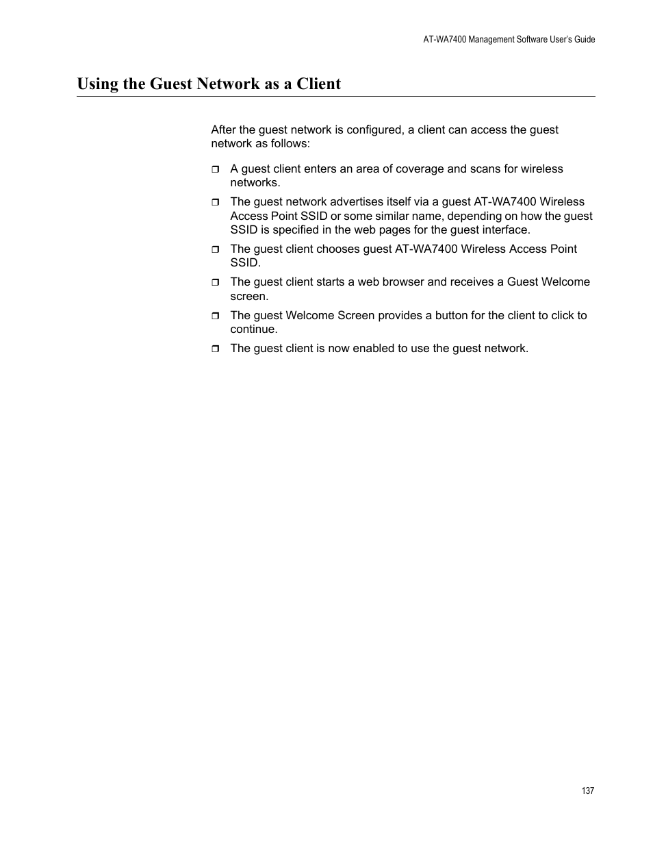 Using the guest network as a client | Allied Telesis AT-WA7400/NA User Manual | Page 137 / 362