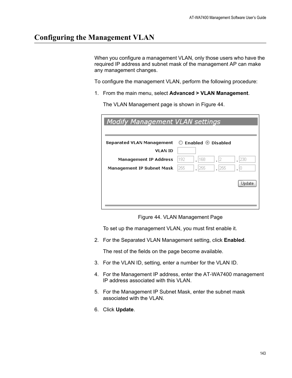Configuring the management vlan | Allied Telesis AT-WA7400/NA User Manual | Page 143 / 362