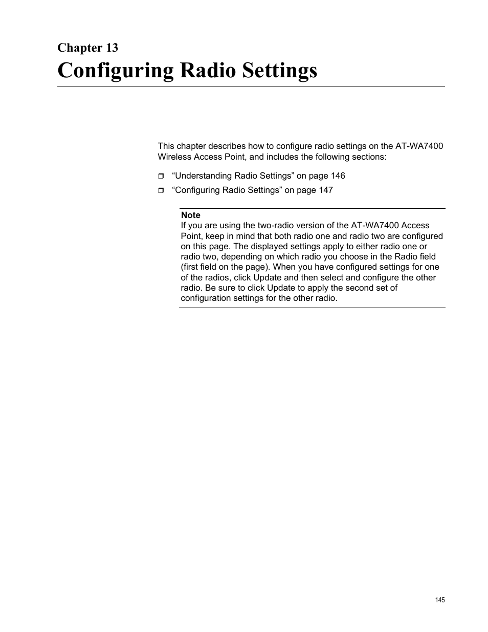 Chapter 13, Configuring radio settings | Allied Telesis AT-WA7400/NA User Manual | Page 145 / 362