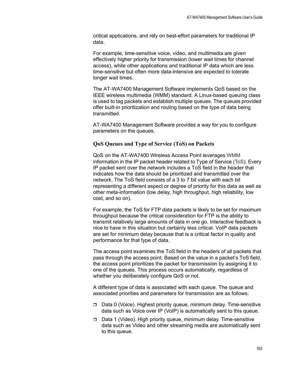 Qos queues and type of service (tos) on packets | Allied Telesis AT-WA7400/NA User Manual | Page 163 / 362