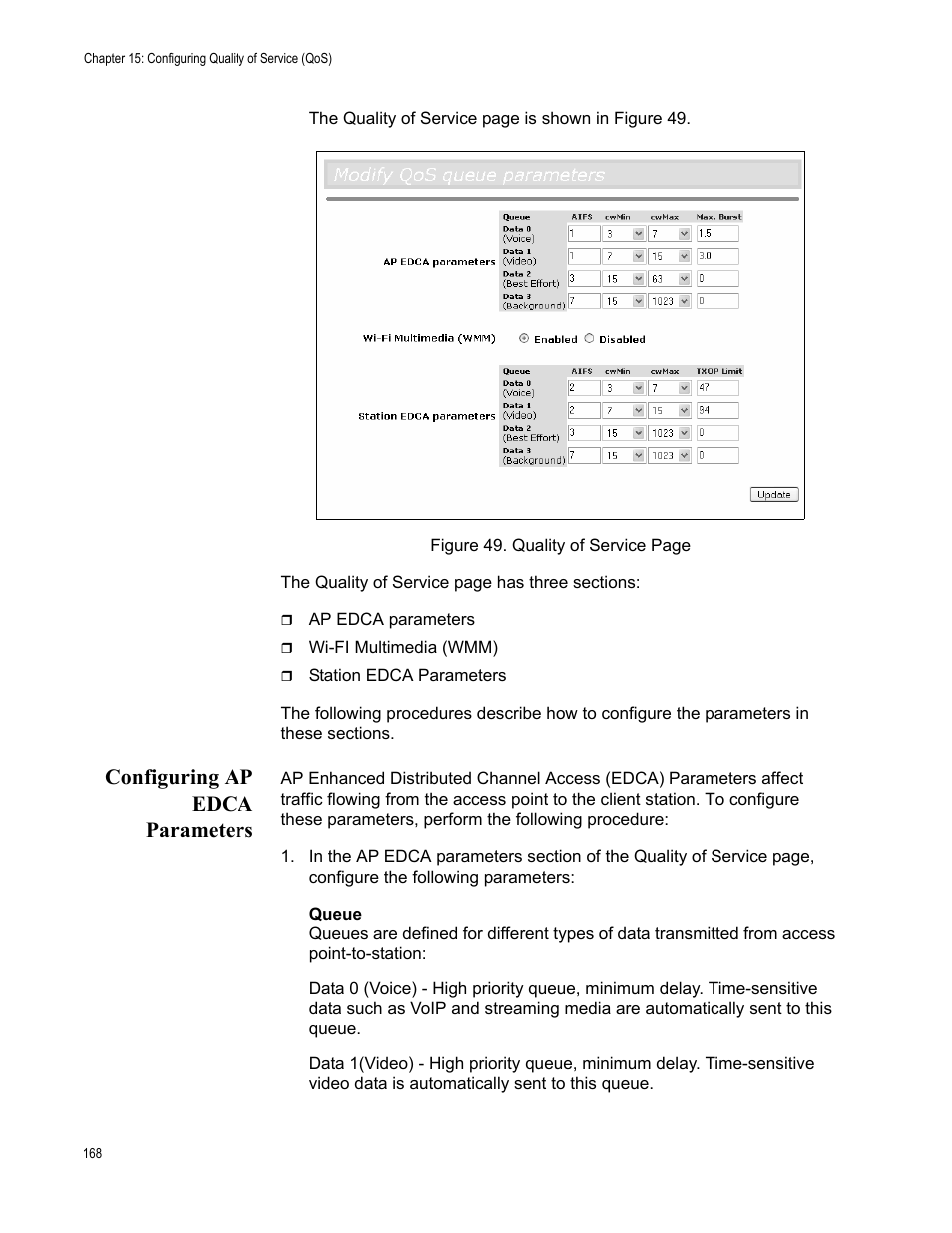 Configuring ap edca parameters | Allied Telesis AT-WA7400/NA User Manual | Page 168 / 362