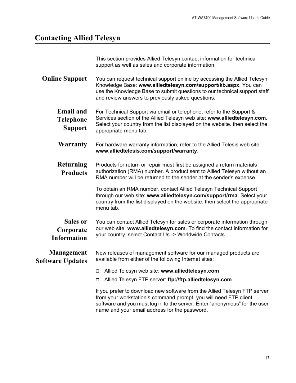 Contacting allied telesyn, Online support, Email and telephone support | Warranty, Returning products, Sales or corporate information, Management software updates | Allied Telesis AT-WA7400/NA User Manual | Page 17 / 362