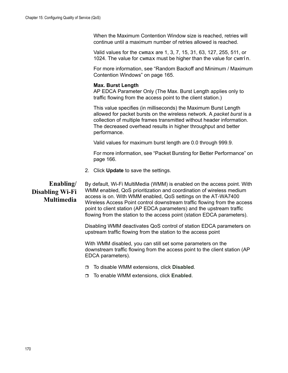 Enabling/ disabling wi-fi multimedia, Enabling/disabling wi-fi multimedia | Allied Telesis AT-WA7400/NA User Manual | Page 170 / 362