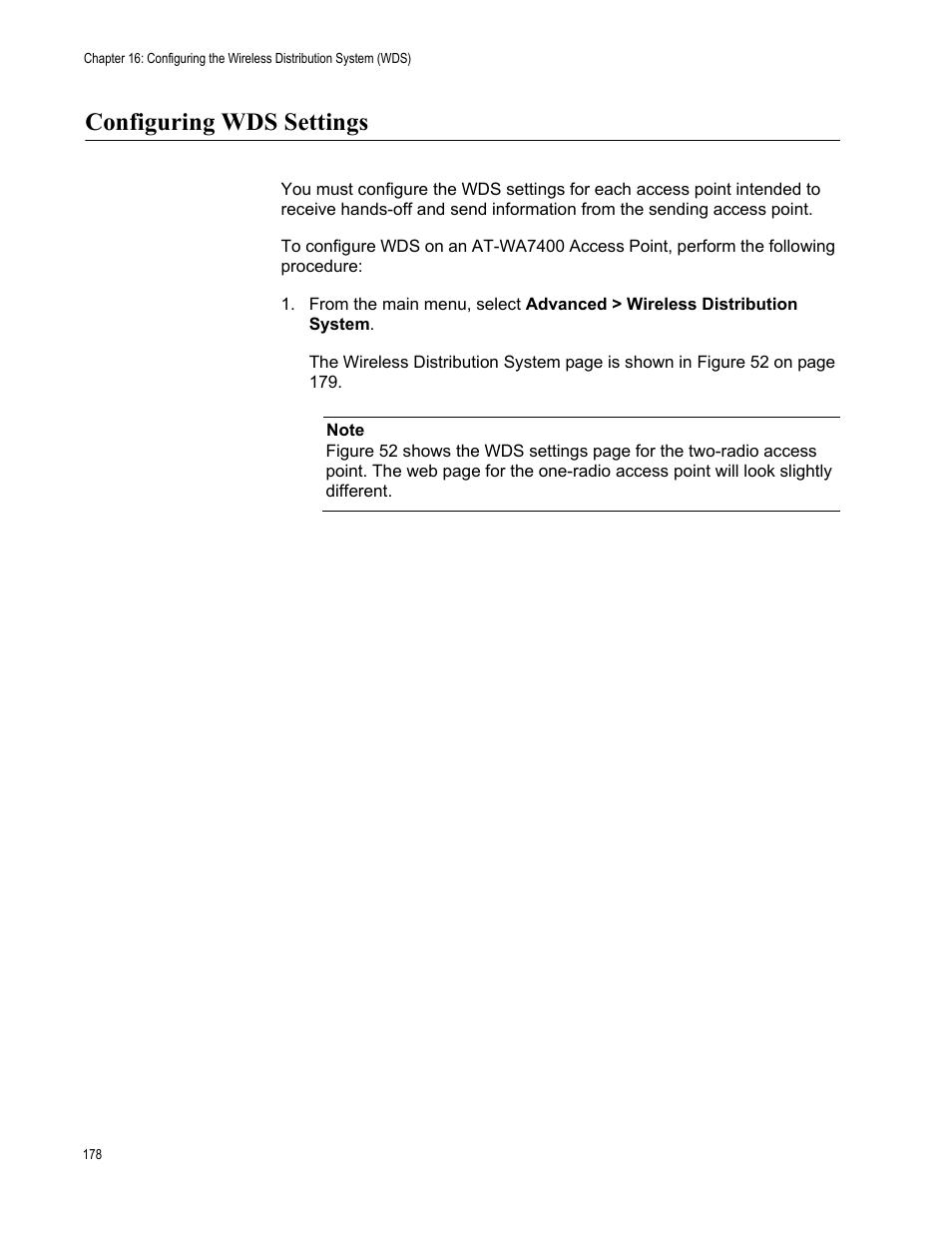 Configuring wds settings | Allied Telesis AT-WA7400/NA User Manual | Page 178 / 362