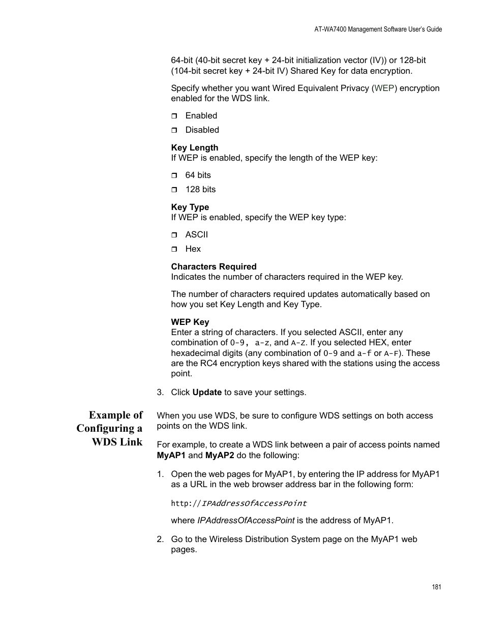 Example of configuring a wds link | Allied Telesis AT-WA7400/NA User Manual | Page 181 / 362