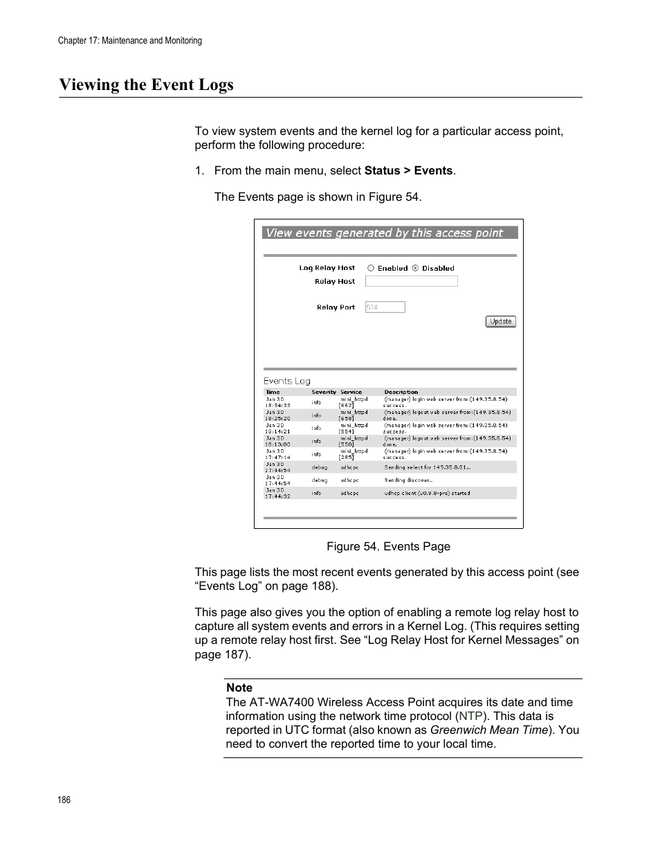 Viewing the event logs | Allied Telesis AT-WA7400/NA User Manual | Page 186 / 362