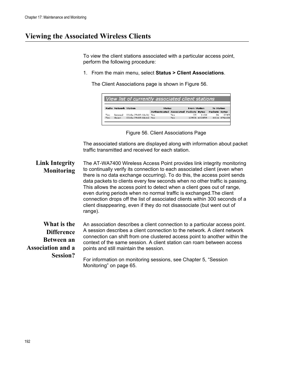 Viewing the associated wireless clients, Link integrity monitoring | Allied Telesis AT-WA7400/NA User Manual | Page 192 / 362