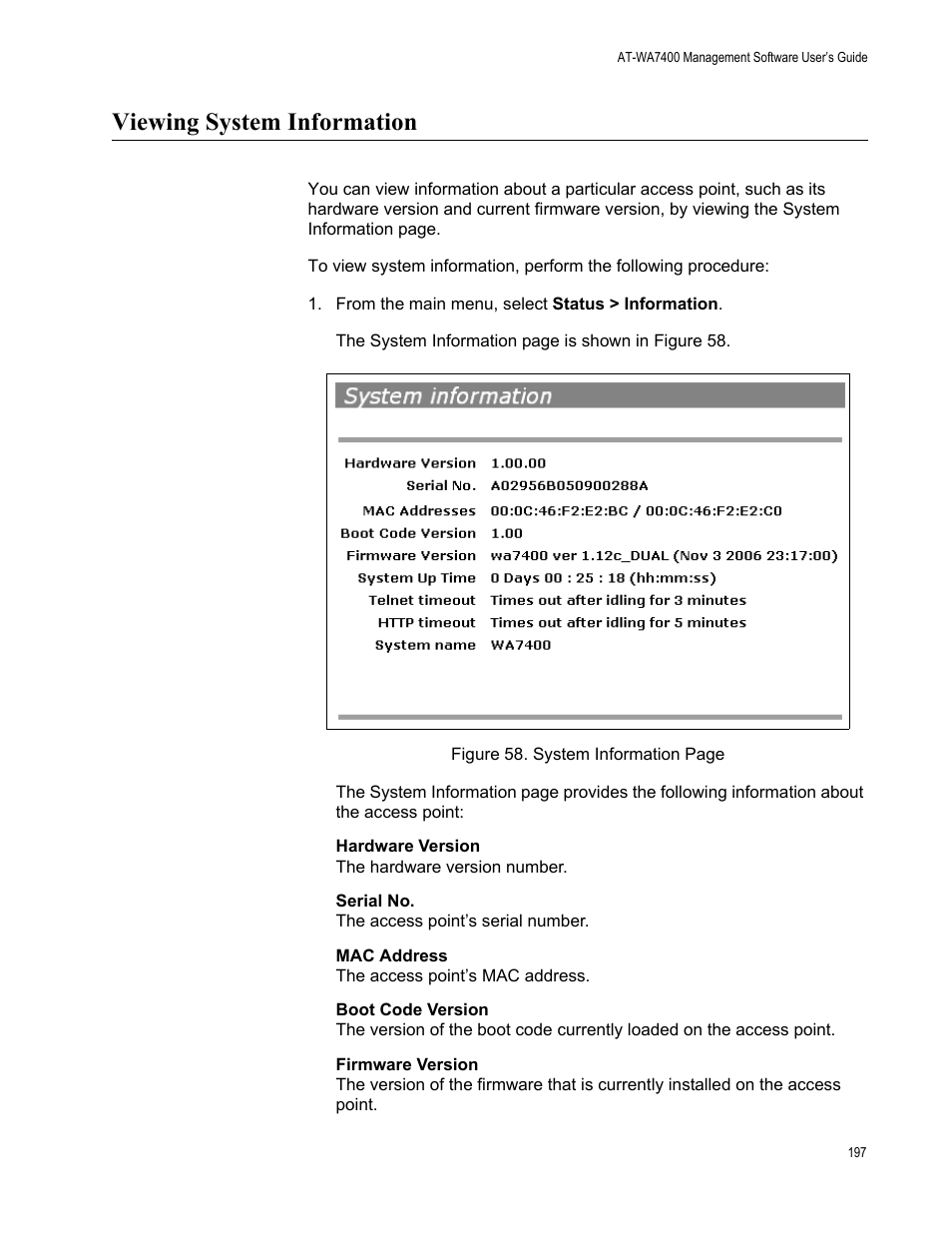 Viewing system information | Allied Telesis AT-WA7400/NA User Manual | Page 197 / 362