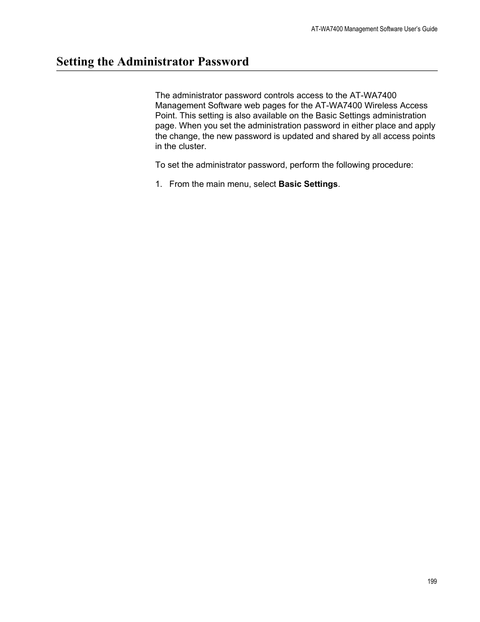 Setting the administrator password | Allied Telesis AT-WA7400/NA User Manual | Page 199 / 362