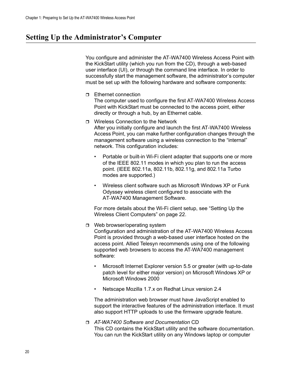 Setting up the administrator’s computer | Allied Telesis AT-WA7400/NA User Manual | Page 20 / 362