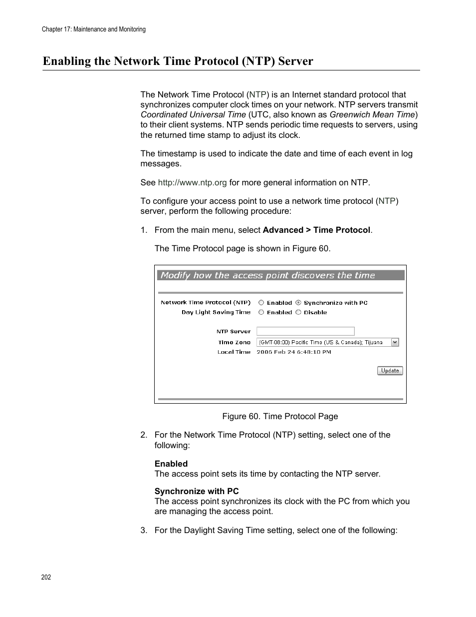 Enabling the network time protocol (ntp) server | Allied Telesis AT-WA7400/NA User Manual | Page 202 / 362