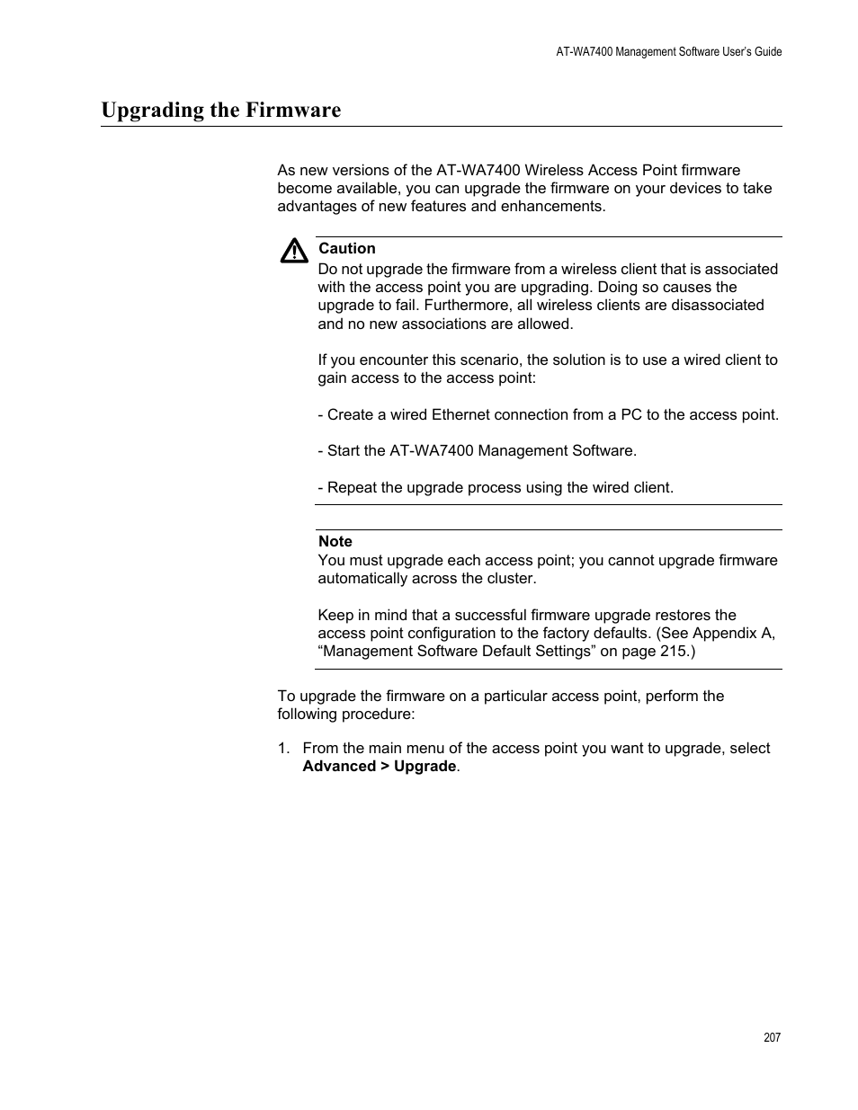 Upgrading the firmware | Allied Telesis AT-WA7400/NA User Manual | Page 207 / 362
