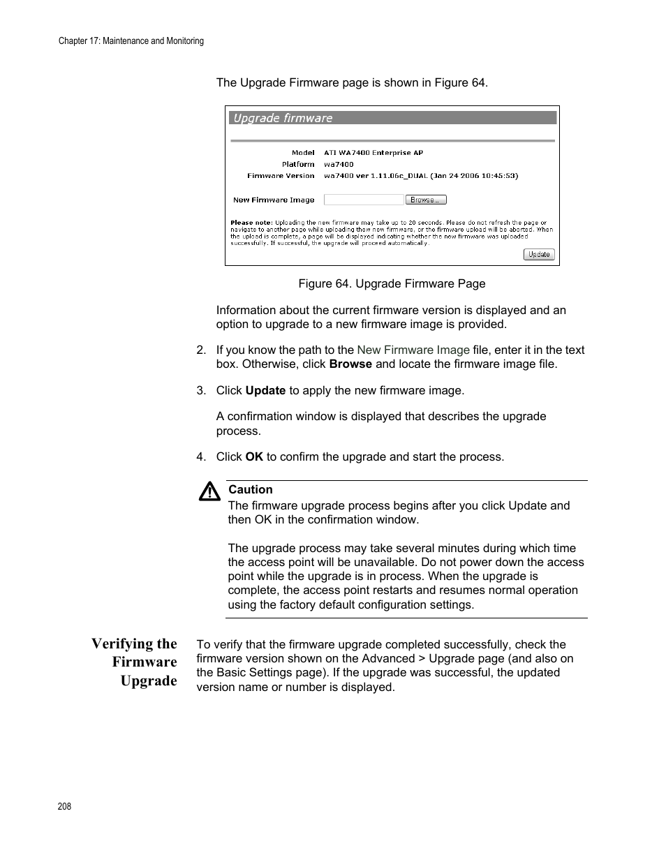 Verifying the firmware upgrade | Allied Telesis AT-WA7400/NA User Manual | Page 208 / 362