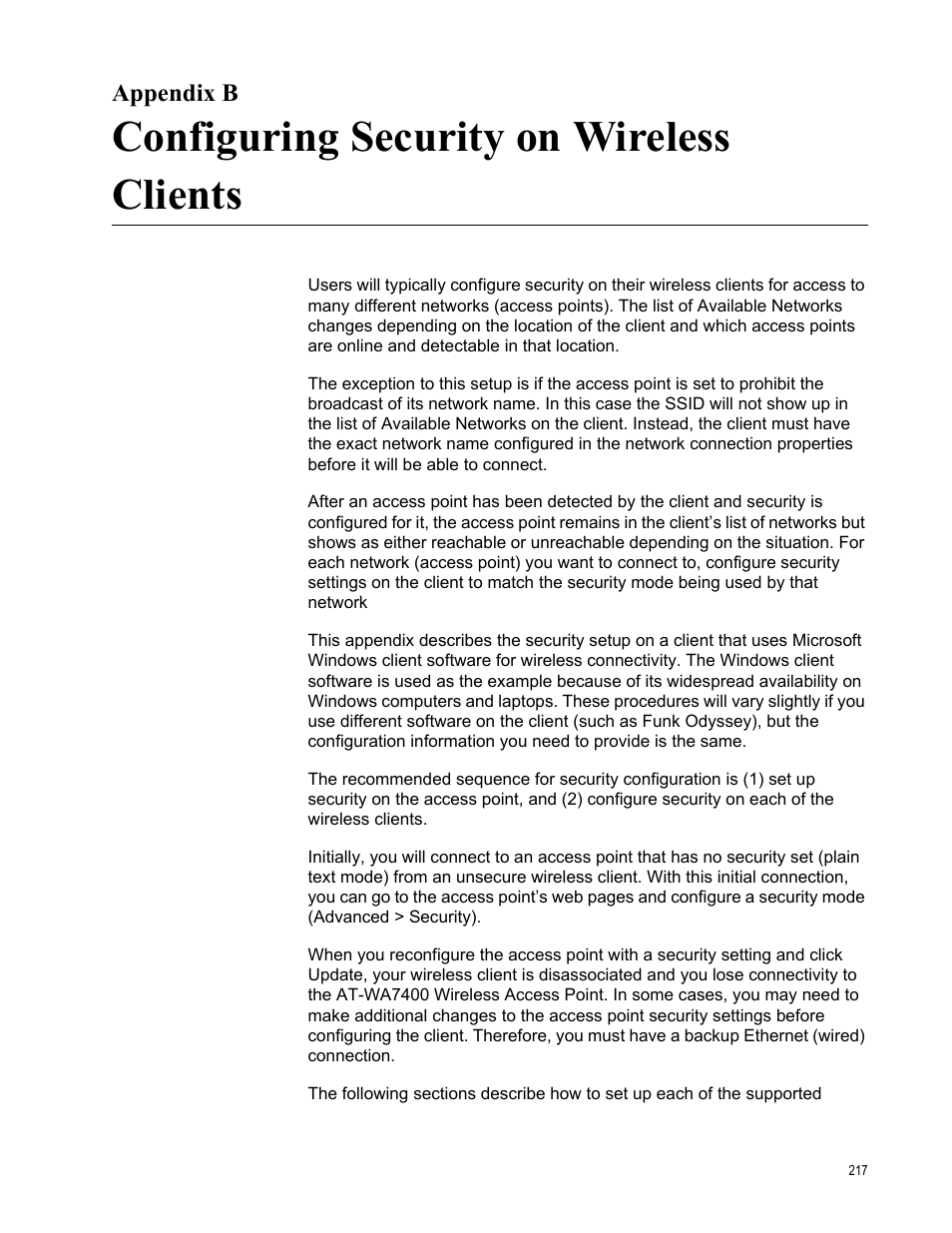 Appendix b, Configuring security on wireless clients | Allied Telesis AT-WA7400/NA User Manual | Page 217 / 362