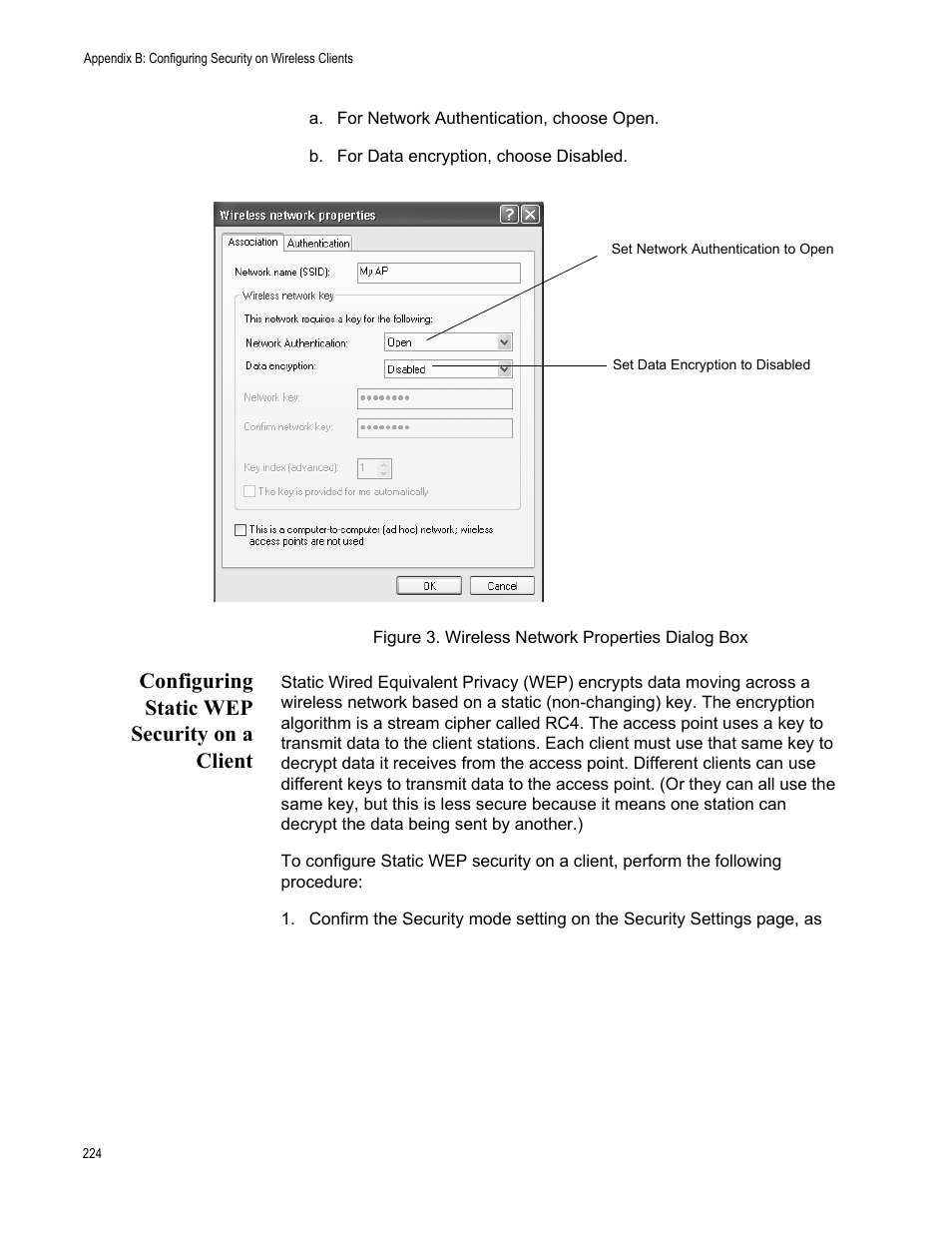 Configuring static wep security on a client | Allied Telesis AT-WA7400/NA User Manual | Page 224 / 362