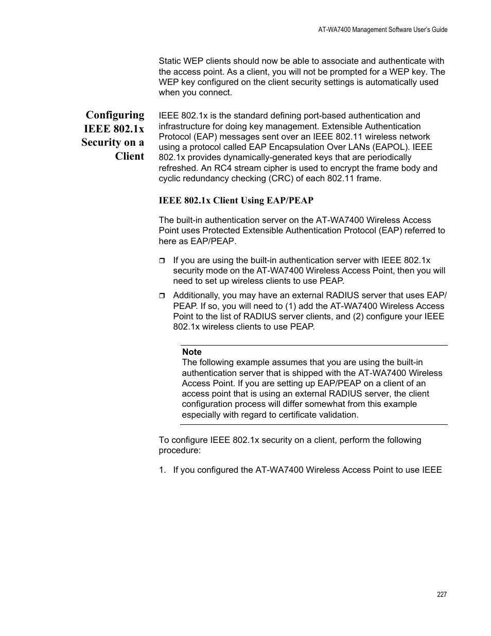 Configuring ieee 802.1x security on a client, Ieee 802.1x client using eap/peap | Allied Telesis AT-WA7400/NA User Manual | Page 227 / 362