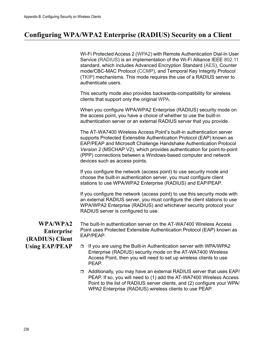 Wpa/wpa2 enterprise (radius) client using eap/peap | Allied Telesis AT-WA7400/NA User Manual | Page 236 / 362