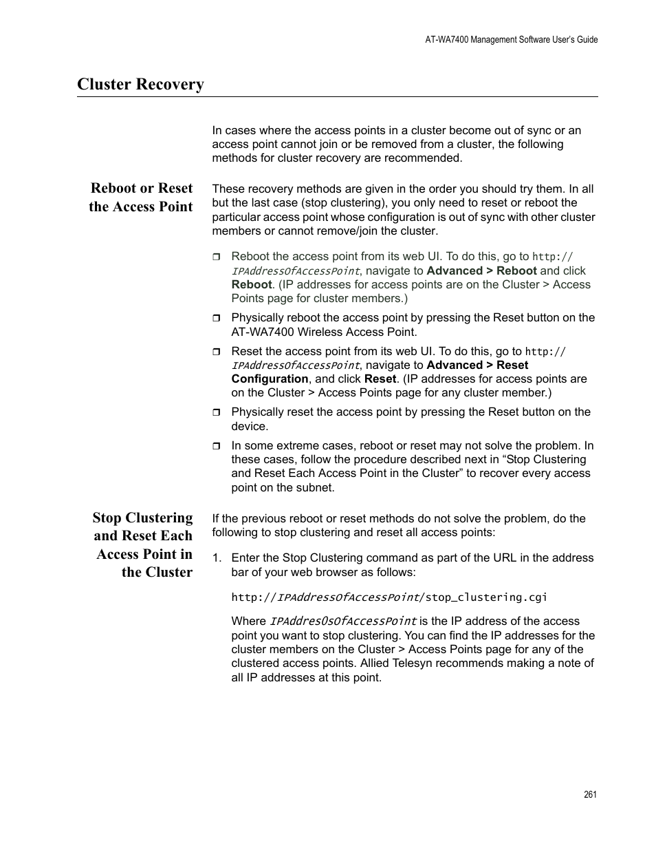 Cluster recovery, Reboot or reset the access point | Allied Telesis AT-WA7400/NA User Manual | Page 261 / 362