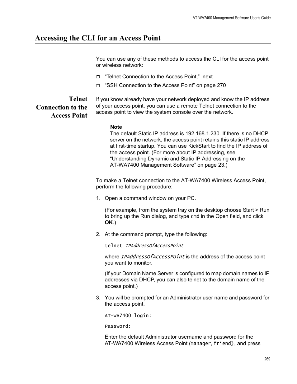 Accessing the cli for an access point, Telnet connection to the access point | Allied Telesis AT-WA7400/NA User Manual | Page 269 / 362