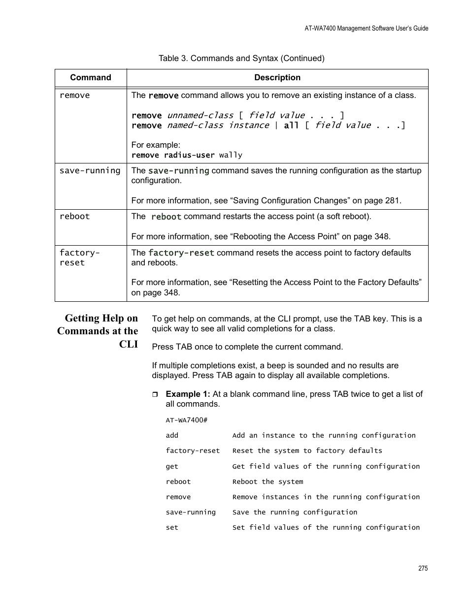 Getting help on commands at the cli | Allied Telesis AT-WA7400/NA User Manual | Page 275 / 362