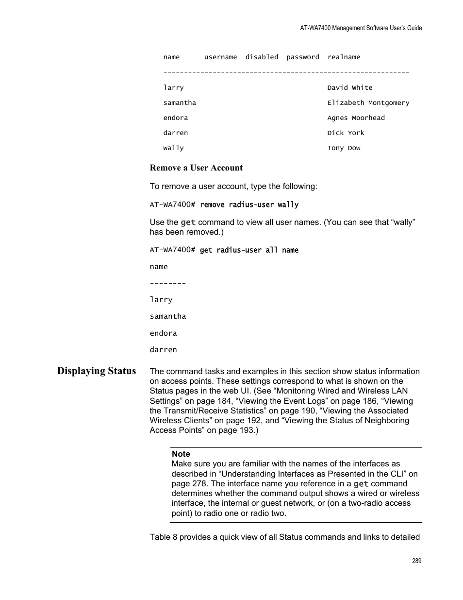 Remove a user account, Displaying status | Allied Telesis AT-WA7400/NA User Manual | Page 289 / 362