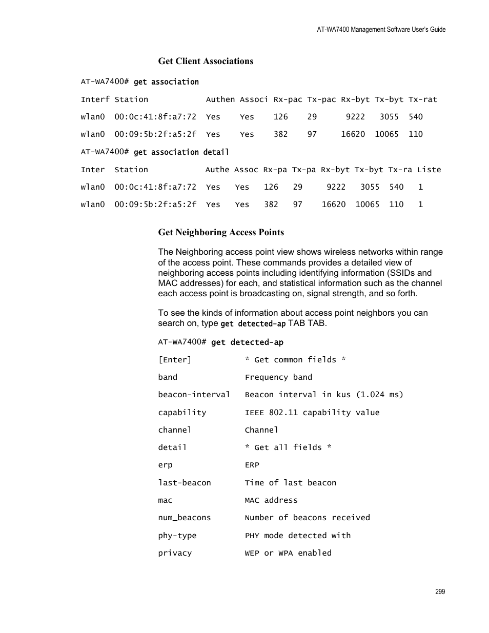 Get client associations, Get neighboring access points | Allied Telesis AT-WA7400/NA User Manual | Page 299 / 362