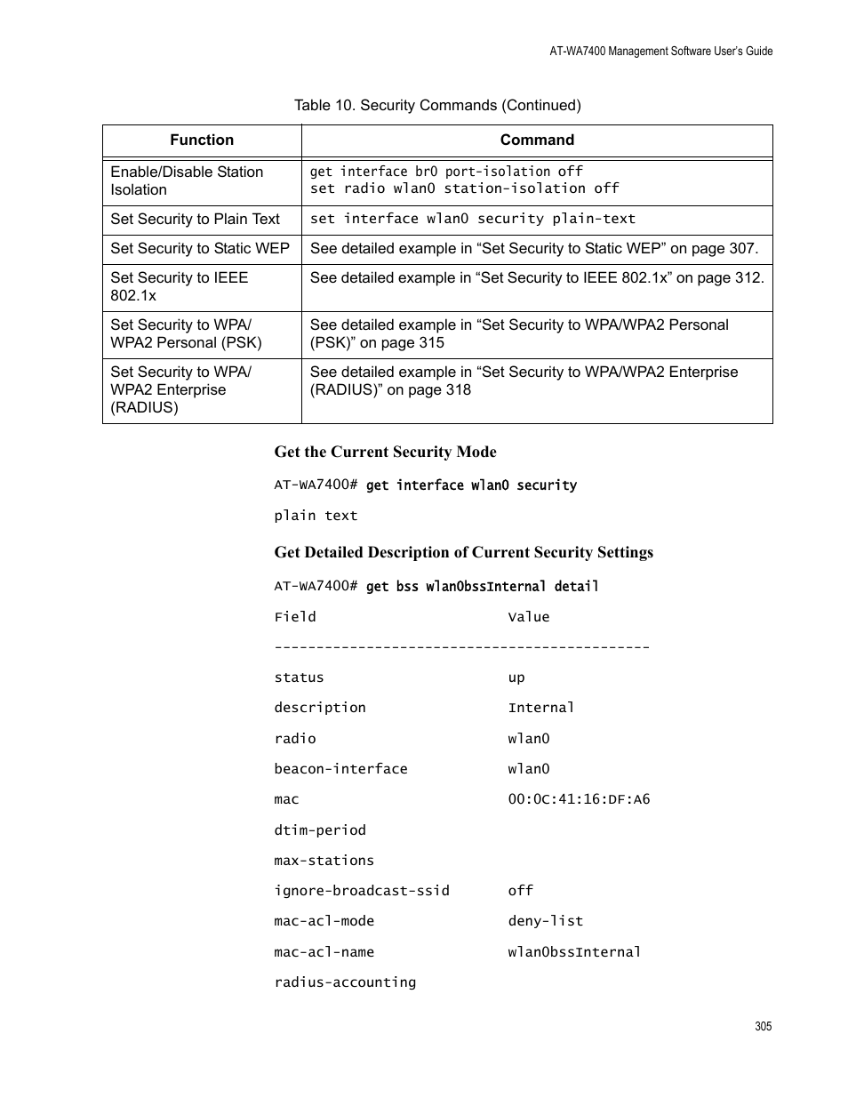 Get the current security mode | Allied Telesis AT-WA7400/NA User Manual | Page 305 / 362
