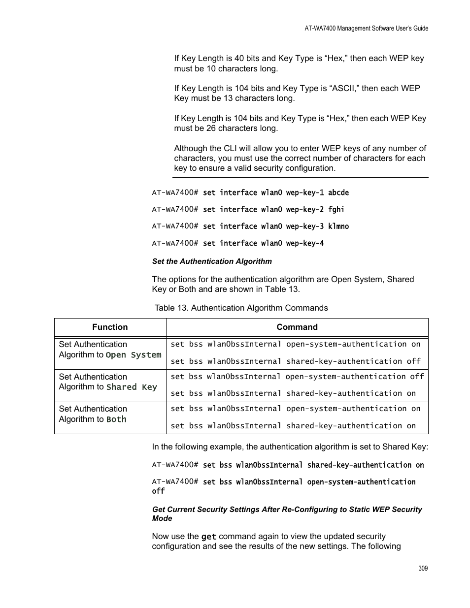 Set the authentication algorithm | Allied Telesis AT-WA7400/NA User Manual | Page 309 / 362