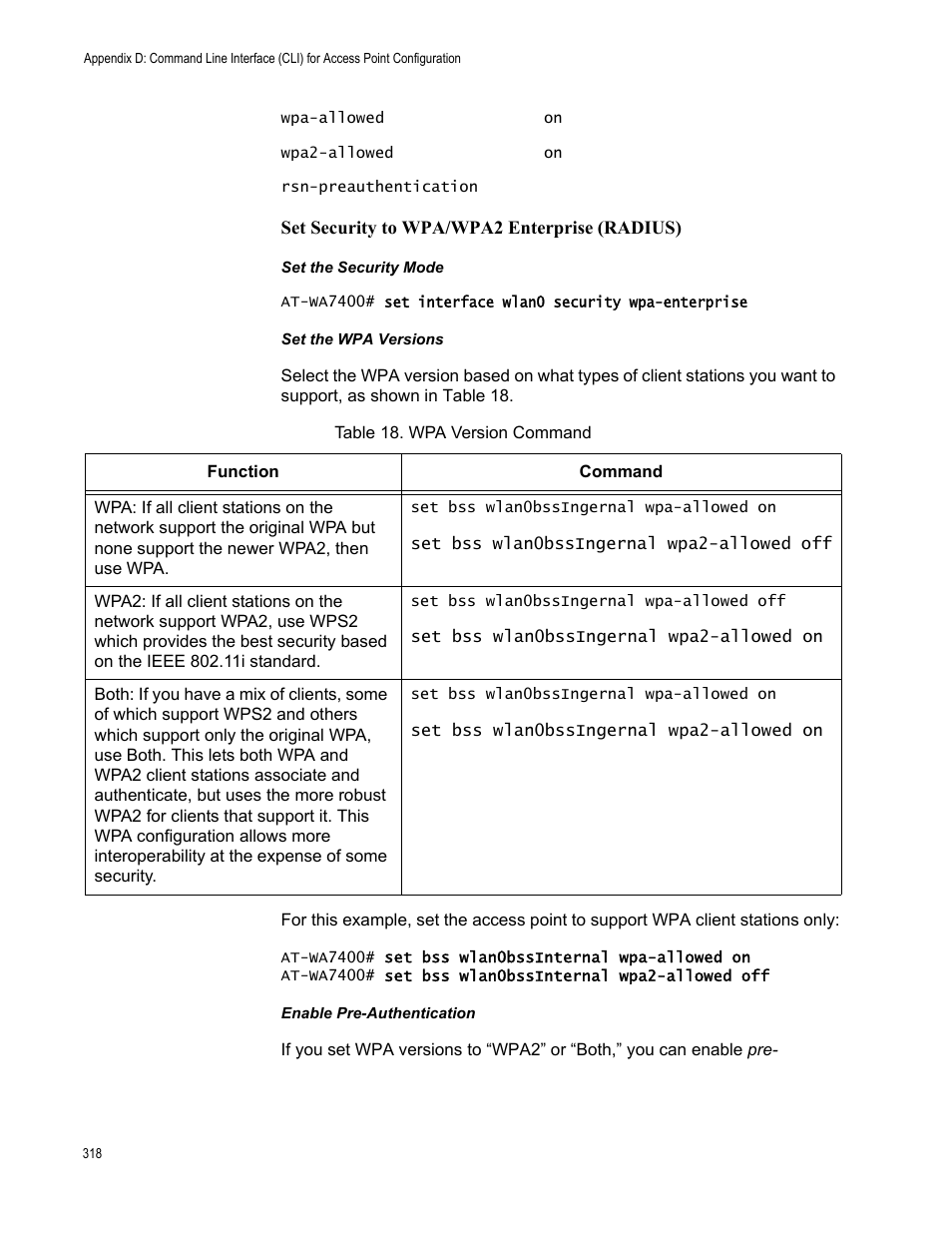 Set security to wpa/wpa2 enterprise (radius), Set the security mode, Set the wpa versions | Enable pre-authentication, Set security to wpa/ wpa2 enterprise (radius) | Allied Telesis AT-WA7400/NA User Manual | Page 318 / 362