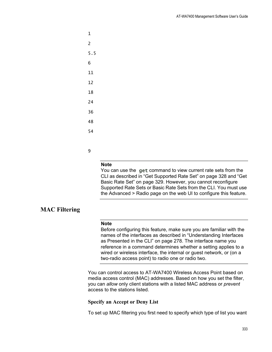 Mac filtering, Specify an accept or deny list | Allied Telesis AT-WA7400/NA User Manual | Page 333 / 362