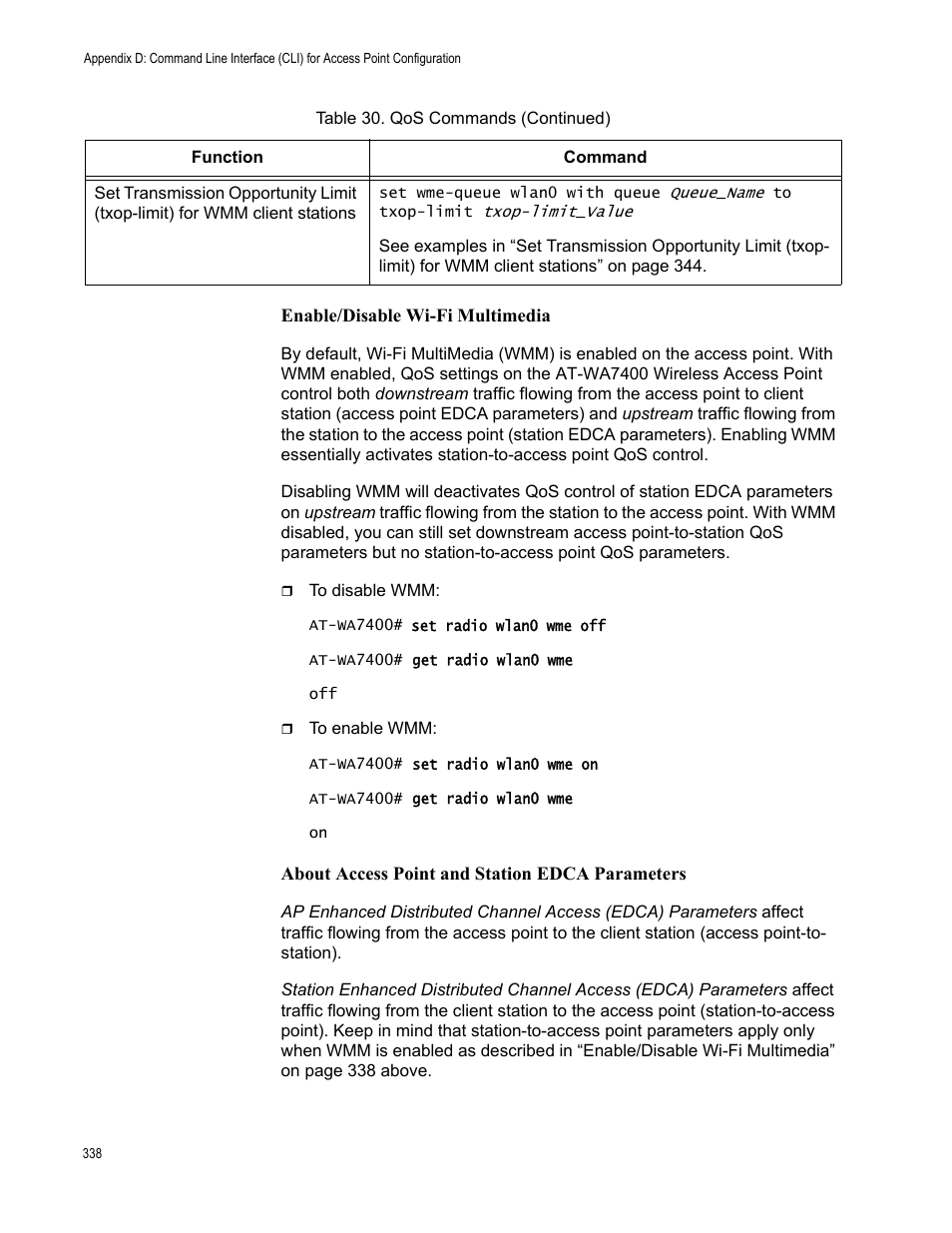 Enable/disable wi-fi multimedia, About access point and station edca parameters | Allied Telesis AT-WA7400/NA User Manual | Page 338 / 362