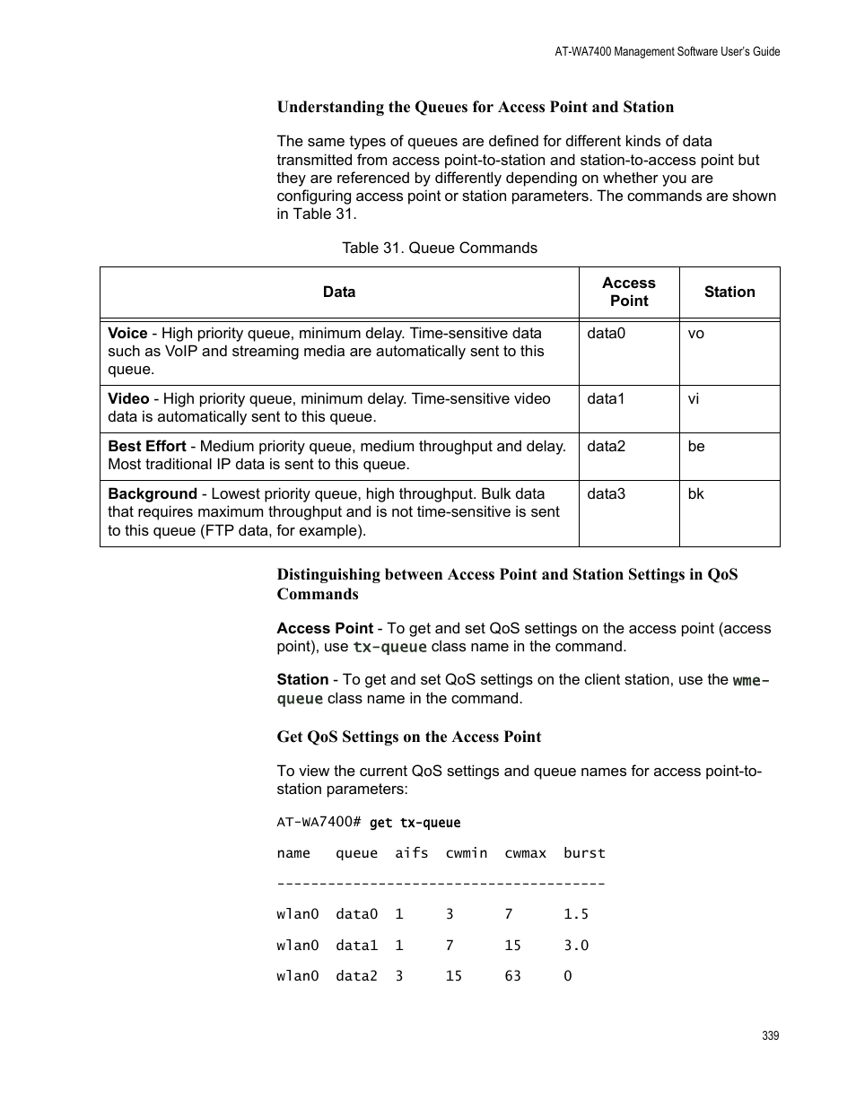Get qos settings on the access point | Allied Telesis AT-WA7400/NA User Manual | Page 339 / 362
