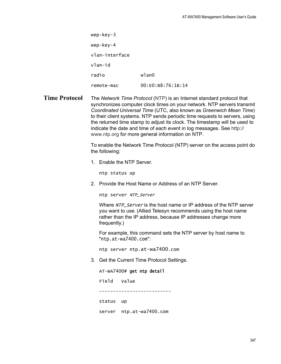 Time protocol | Allied Telesis AT-WA7400/NA User Manual | Page 347 / 362